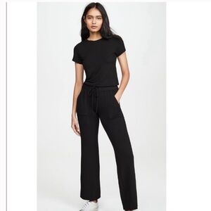 Monrow Short Sleeve Crewneck Straight Leg Drawstring Waist Jumpsuit Small Black